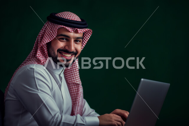 مفهوم إدارة شؤون الأعمال وتنظيمها عبر الاجهزة التقنية، النظر إلى الكاميرا بإيماءات السعادة ، دمج العمل مع التقنية والتكنولوجيا، صورة مقربة لرجل عربي خليجي سعودي مبتسم يرتدي الزي الكاجوال يقوم بالعمل على الحاسوب المحمول ، مهن ووظائف ادارية مكتبية