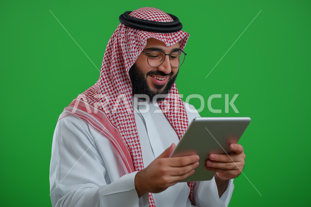 ايماءات وتعابير الاندماج والتركيز، التواصل والدردشة مع الاقارب و الاصدقاء, بورتريه مقرب لرجل عربي خليجي سعودي يرتدي الشماغ والثوب التقليدي يمسك بيده جهاز التابلت، استخدام الاجهزة اللوحية الحديثة، خلفية خضراء 