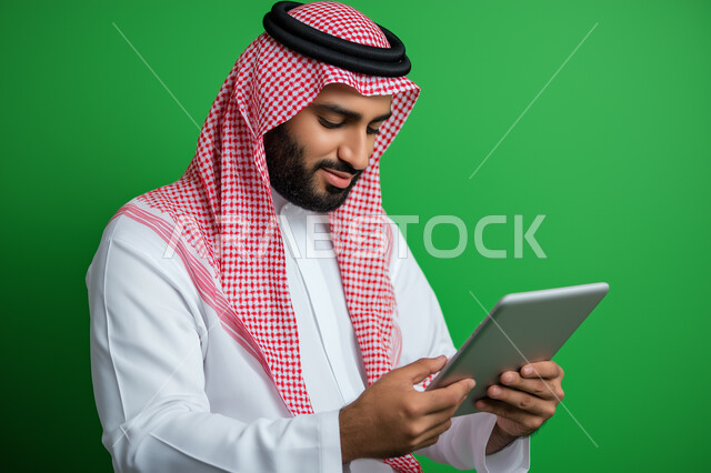 ايماءات وتعابير الاندماج والتركيز، التواصل والدردشة مع الاقارب و الاصدقاء, بورتريه مقرب لرجل عربي خليجي سعودي يرتدي الشماغ والثوب التقليدي يمسك بيده جهاز التابلت، استخدام الاجهزة اللوحية الحديثة، خلفية خضراء 