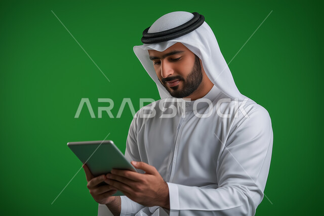 التواصل والدردشة مع الاقارب و الاصدقاء، ايماءات وتعابير التركيز والاندماج، بورتريه لرجل عربي خليجي إماراتي بالزي التقليدي يستخدم جهاز لوحي ، التسويق الإلكتروني ، مفهوم التكنولوجيا وإستخدام الأجهزة التقنية الحديثة ،خلفية خضراء