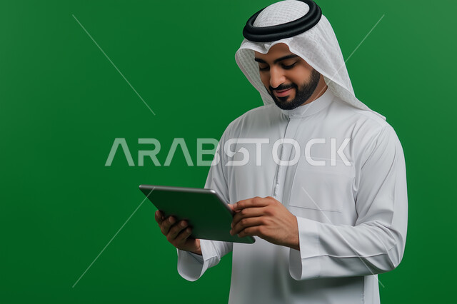 التواصل والدردشة مع الاقارب و الاصدقاء، ايماءات وتعابير التركيز والاندماج، بورتريه لرجل عربي خليجي إماراتي بالزي التقليدي يستخدم جهاز لوحي ، التسويق الإلكتروني ، مفهوم التكنولوجيا وإستخدام الأجهزة التقنية الحديثة ،خلفية خضراء