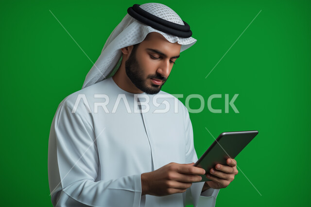 التواصل والدردشة مع الاقارب و الاصدقاء، ايماءات وتعابير التركيز والاندماج، بورتريه لرجل عربي خليجي إماراتي بالزي التقليدي يستخدم جهاز لوحي ، التسويق الإلكتروني ، مفهوم التكنولوجيا وإستخدام الأجهزة التقنية الحديثة ،خلفية خضراء