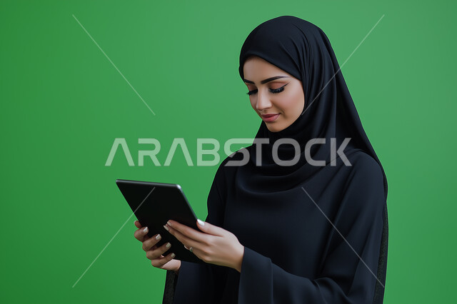 Communicating and chatting with relatives and friends, gestures and expressions of concentration and integration, a portrait of an Arab Gulf Emirati man in traditional clothing using a tablet, electronic marketing, the concept of technology and the use of modern technical devices, green background.