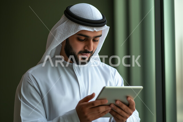 التواصل والدردشة مع الاقارب و الاصدقاء، ايماءات وتعابير التركيز والاندماج، صورة لرجل عربي خليجي إماراتي بالزي التقليدي يستخدم جهاز لوحي ، التسويق الإلكتروني ، مفهوم التكنولوجيا وإستخدام الأجهزة التقنية الحديثة