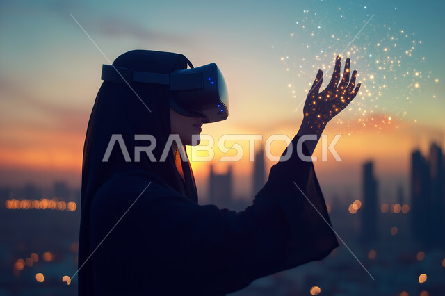 الاندماج والتفاعل مع العناصر الهولوجرامية، تقنيات حديثة الكترونية وأجهزة تكنولوجية، صورة مقربة لامرأة عربية خليجية سعودية محجبة ترتدي العباءة التقليدية تقف وترفع يدها للأعلى في محاولة للمس المكونات الخيالية، ارتداء نظارات الواقع الافتراضي الفي ار، وقت غروب الشمس