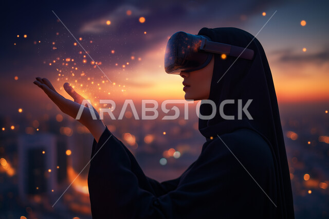 Merging and interacting with holographic elements, modern electronic techniques and technological devices, a close-up image of a veiled Saudi Arabian Gulf woman wearing the traditional abaya, standing and raising her hand up in an attempt to touch the imaginary components, wearing VR virtual reality glasses, at sunset.