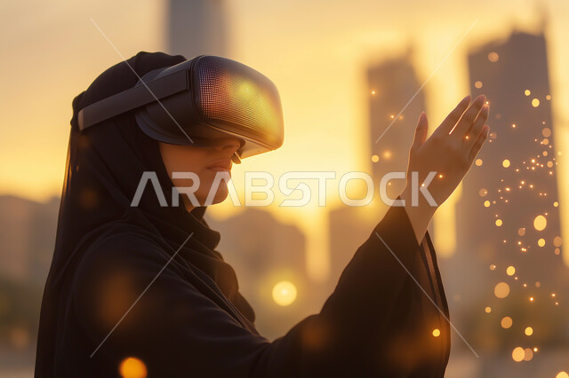 الاندماج والتفاعل مع العناصر الهولوجرامية، تقنيات حديثة الكترونية وأجهزة تكنولوجية، صورة مقربة لامرأة عربية خليجية سعودية محجبة ترتدي العباءة التقليدية تقف وترفع يدها للأعلى في محاولة للمس المكونات الخيالية، ارتداء نظارات الواقع الافتراضي الفي ار، وقت غروب الشمس
