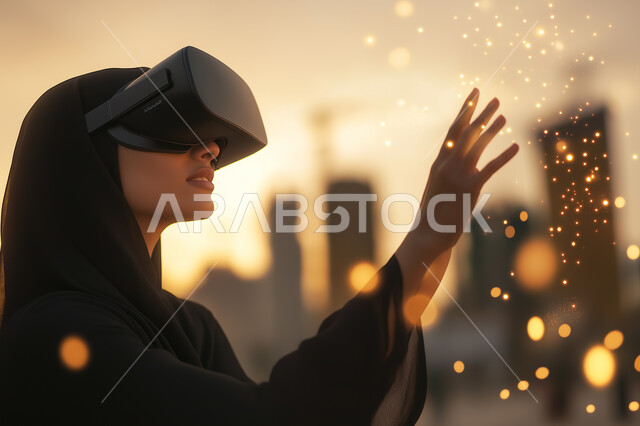 Merging and interacting with holographic elements, modern electronic techniques and technological devices, a close-up image of a veiled Saudi Arabian Gulf woman wearing the traditional abaya, standing and raising her hand up in an attempt to touch the imaginary components, wearing VR virtual reality glasses, at sunset.