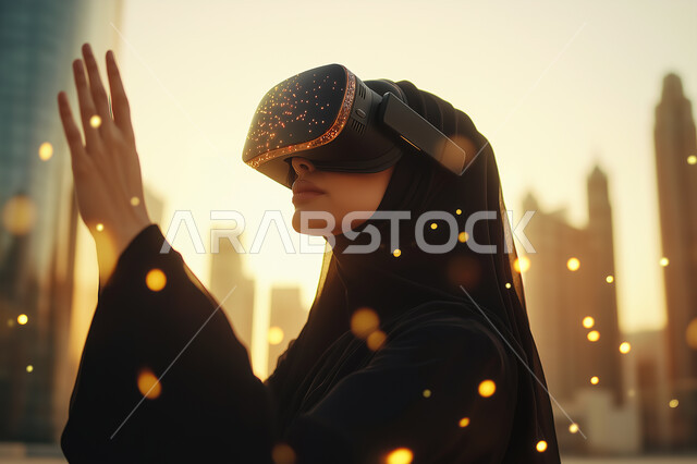الاندماج والتفاعل مع العناصر الهولوجرامية، تقنيات حديثة الكترونية وأجهزة تكنولوجية، صورة مقربة لامرأة عربية خليجية سعودية محجبة ترتدي العباءة التقليدية تقف وترفع يدها للأعلى في محاولة للمس المكونات الخيالية، ارتداء نظارات الواقع الافتراضي الفي ار، وقت غروب الشمس