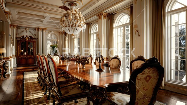 الفنون الهندسية على الطراز الفني الانيق في الاثاث المنزلي، شقق وفلل سكنية في المملكة العربية السعودية, ديكورات منزلية داخلية حديثة لغرف الطعام، غرفة سفرة بتصاميم راقية باللون الذهبي والأبيض