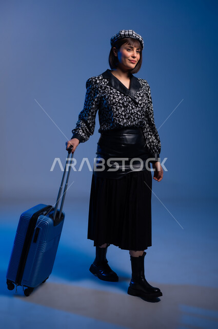 Preparing for a fun vacation, modern Gulf women's clothing, portrait of a Saudi Arabian Gulf woman wearing casual clothes and holding a travel bag, concept of fashion and elegance, fashion show and modern models, buying new clothes and accessories, full body, colorful background