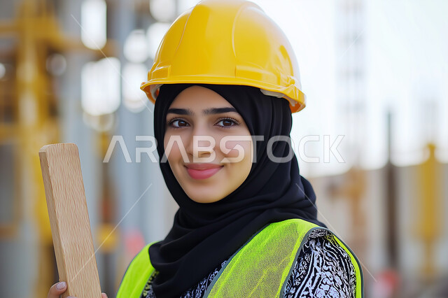 Saudi women's participation in the field of industry and engineering, women's professions and jobs, working in the engineering sector, a close-up of a veiled Saudi Arabian Gulf industrial engineer wearing a helmet and a protective vest looking at the camera with gestures of self-confidence