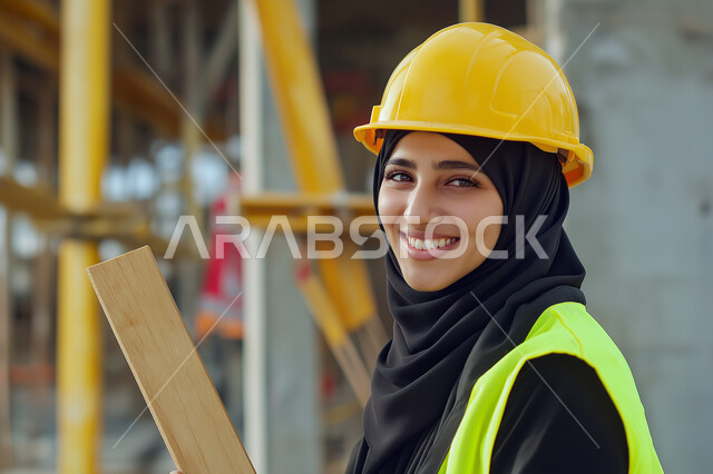 مشاركة النساء السعوديات في مجال الصناعة والهندسة، مهن ووظائف نسائية، العمل في القطاع الهندسي، صورة مقربة لمهندسة صناعية عربية خليجية سعودية محجبة ترتدي الخوذة وسترة الحماية تنظر إلى الكاميرا بإيماءات الثقة بالنفس