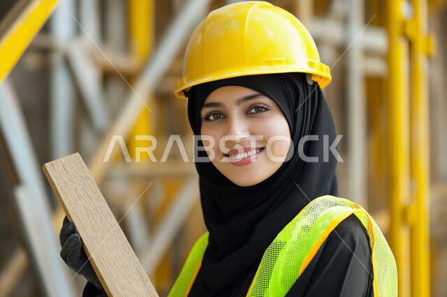 مشاركة النساء السعوديات في مجال الصناعة والهندسة، مهن ووظائف نسائية، العمل في القطاع الهندسي، صورة مقربة لمهندسة صناعية عربية خليجية سعودية محجبة ترتدي الخوذة وسترة الحماية تنظر إلى الكاميرا بإيماءات الثقة بالنفس