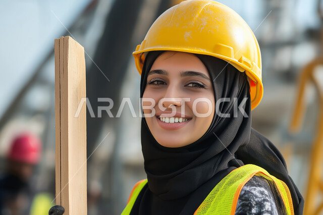 مشاركة النساء السعوديات في مجال الصناعة والهندسة، مهن ووظائف نسائية، العمل في القطاع الهندسي، صورة مقربة لمهندسة صناعية عربية خليجية سعودية محجبة ترتدي الخوذة وسترة الحماية تنظر إلى الكاميرا بإيماءات الثقة بالنفس