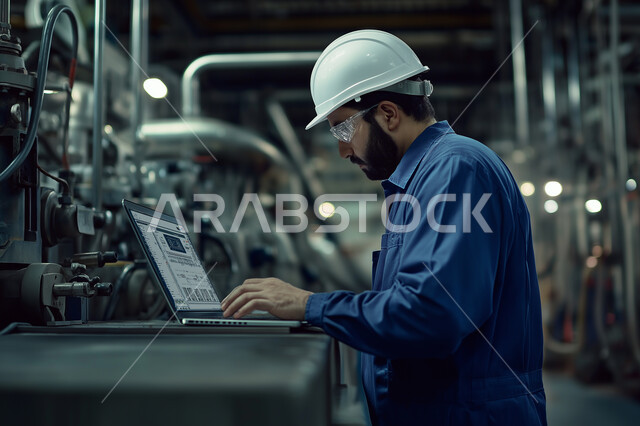 Integrating work with technology, studying the basics of the project through modern applications and technologies, engineering project management, a close-up side portrait of a Saudi Arabian Gulf engineer wearing a helmet and a protective vest using a laptop