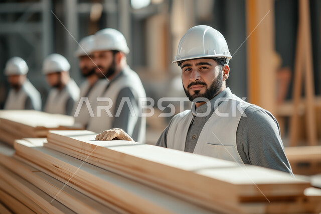 متابعة ومراقبة عملية البناء, مهن ووظائف سعودية, الاشراف على سير خطة العمل في موقع الانشاء, صورة مقربة لمجموعه من المهندسين العربيين الخليجيين السعوديين يرتدون خوذة الحماية يعملون في المجال الهندسي وقت النهار, مفهوم التطور والتقدم العمراني في السعودية