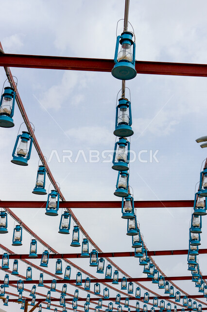 Close-up of a group of hanging lamps, an old traditional Arabic hanging lamp