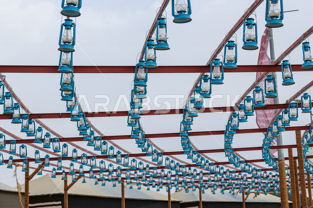 Close-up of a group of hanging lamps, an old traditional Arabic hanging lamp