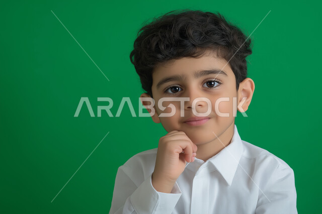 حركات وجه ويدين تدل على التفكير لإيجاد حل للمشكلة, بورتريه مقرب لطفل عربي سعودي خليجي يرتدي الثوب التقليدي يضع يده على ذقنه وينظر الى شيء ما, التمعن والتركيز والتخطيط للمستقبل, خلفية خضراء
