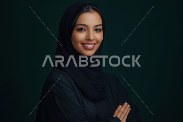 الاهتمام بالمظهر الخارجي، النظر الى الكاميرا بإيماءات البهجة والسرور، مفهوم الأنوثة والنعومة، الملامح العربية القوية، أزياء محجبات عصرية وأنيقة، بورتريه لشابة خليجية سعودية ترتدي العباية والحجاب تقف بأيدي متقاطعة، خلفية سوداء
