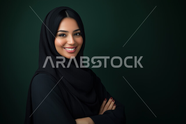 الاهتمام بالمظهر الخارجي، النظر الى الكاميرا بإيماءات البهجة والسرور، مفهوم الأنوثة والنعومة، الملامح العربية القوية، أزياء محجبات عصرية وأنيقة، بورتريه لشابة خليجية سعودية ترتدي العباية والحجاب تقف بأيدي متقاطعة، خلفية سوداء