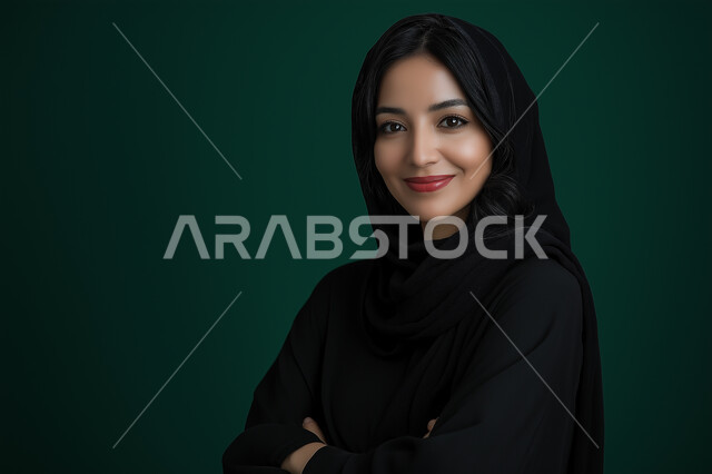 الاهتمام بالمظهر الخارجي، النظر الى الكاميرا بإيماءات البهجة والسرور، مفهوم الأنوثة والنعومة، الملامح العربية القوية، أزياء محجبات عصرية وأنيقة، بورتريه لشابة خليجية سعودية ترتدي العباية والحجاب تقف بأيدي متقاطعة، خلفية سوداء
