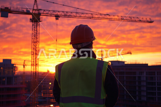 الاشراف على المشاريع في موقع العمل، تطور ونمو القطاع الهندسي في المملكة، صورة من الخلف لمهندس عربي خليجي سعودي يرتدي سترة وخوذة الحماية يتابع العمل وقت غروب الشمس، مهن ووظائف هندسية سعودية، الات الحفر والبناء في مقر الإنشاءات