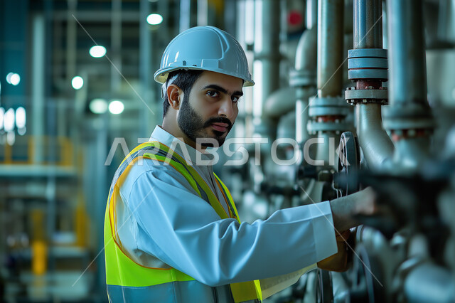 الايدي السعوديه العامله المنتجه، جودة الصناعه والانتاج في معامل السعوديه، الاداره والاشراف على آلية التصنيع، مفهوم الهندسة و الصناعة، صورة مقربة من الجانب لمهندس فني عربي خليجي سعودي يرتدي الخوذة والسترة الواقية يقوم بتشغيل الآلات والاجهزه الكهربائيه في المصانع الحديثه