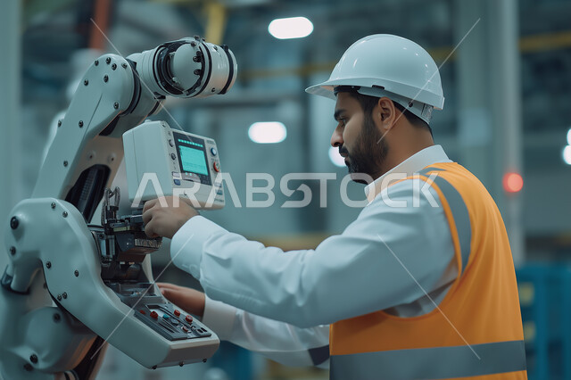 الايدي السعوديه العامله المنتجه، جودة الصناعه والانتاج في معامل السعوديه، الاداره والاشراف على آلية التصنيع، مفهوم الهندسة و الصناعة، صورة مقربة من الجانب لمهندس فني عربي خليجي سعودي يرتدي الخوذة والسترة الواقية يقوم بتشغيل الآلات والاجهزه الكهربائيه في المصانع الحديثه
