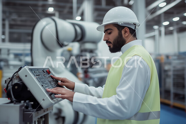 الايدي السعوديه العامله المنتجه، جودة الصناعه والانتاج في معامل السعوديه، الاداره والاشراف على آلية التصنيع، مفهوم الهندسة و الصناعة، صورة مقربة من الجانب لمهندس فني عربي خليجي سعودي يرتدي الخوذة والسترة الواقية يقوم بتشغيل الآلات والاجهزه الكهربائيه في المصانع الحديثه