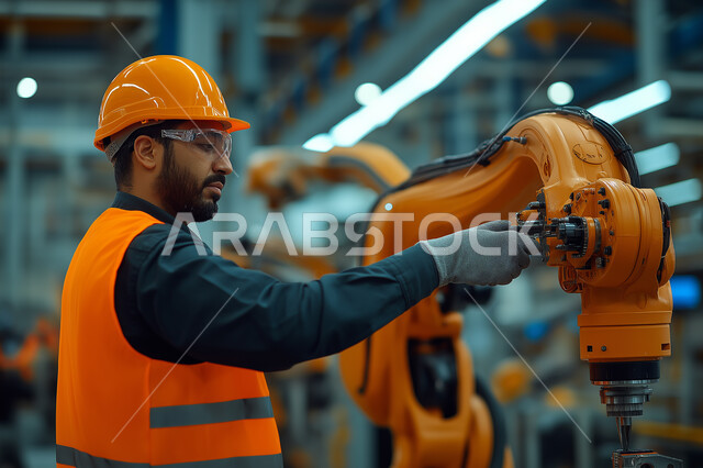 الايدي السعوديه العامله المنتجه، جودة الصناعه والانتاج في معامل السعوديه، الاداره والاشراف على آلية التصنيع، مفهوم الهندسة و الصناعة، صورة مقربة من الجانب لمهندس فني عربي خليجي سعودي يرتدي الخوذة والسترة الواقية يقوم بتشغيل الآلات والاجهزه الكهربائيه في المصانع الحديثه