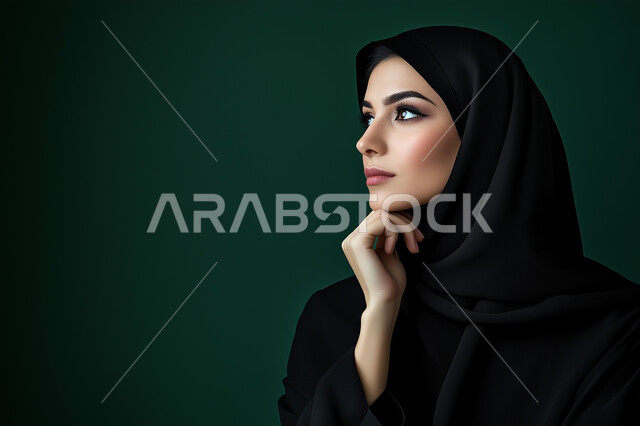 إيماءات الحيرة والقلق, النظر بشرود إلى مكان ما, التمعن والتركيز والتخطيط للمستقبل، بورتريه مقرب لامرأة عربية خليجية سعودية محجبة تضع يدها على ذقنها وتنظر بعيداً بتفكير وتأمل، محاولة إيجاد حل لشيء ما، خلفية زيتي