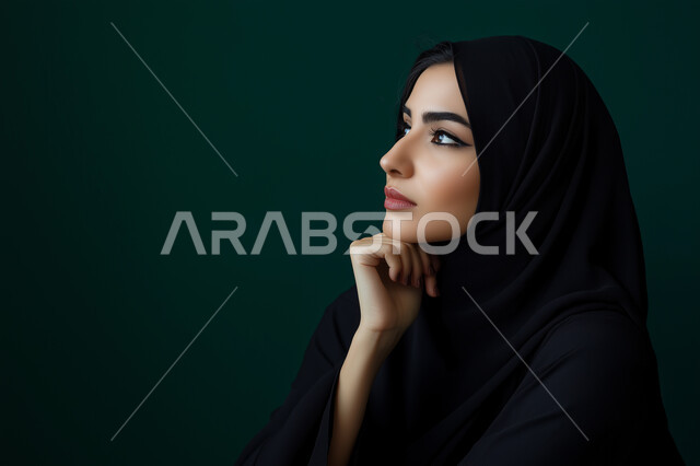 إيماءات الحيرة والقلق, النظر بشرود إلى مكان ما, التمعن والتركيز والتخطيط للمستقبل، بورتريه مقرب لامرأة عربية خليجية سعودية محجبة تضع يدها على ذقنها وتنظر بعيداً بتفكير وتأمل، محاولة إيجاد حل لشيء ما، خلفية زيتي