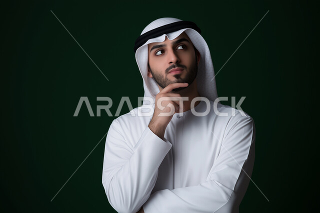 إيماءات الحيرة والقلق, النظر بشرود إلى مكان ما, التمعن والتركيز والتخطيط للمستقبل، بورتريه مقرب لرجل عربي خليجي سعودي يرتدي الزي السعودي يضع يده على ذقنه وينظر بعيداً بتفكير وتأمل، محاولة إيجاد حل لشيء ما، خلفية زيتي