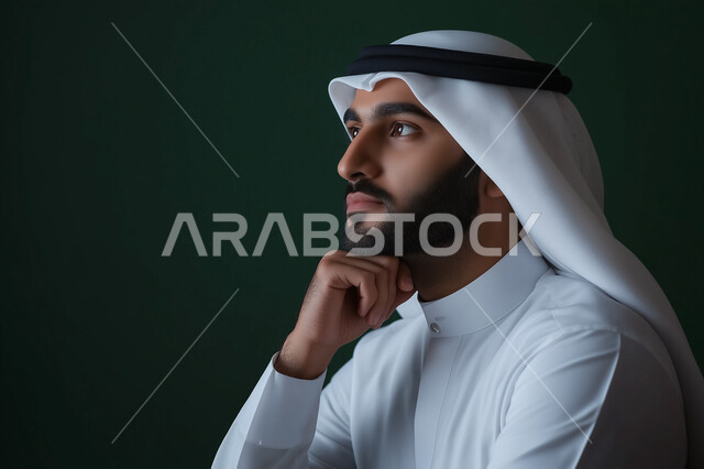 إيماءات الحيرة والقلق, النظر بشرود إلى مكان ما, التمعن والتركيز والتخطيط للمستقبل، بورتريه مقرب لرجل عربي خليجي سعودي يرتدي الزي السعودي يضع يده على ذقنه وينظر بعيداً بتفكير وتأمل، محاولة إيجاد حل لشيء ما، خلفية زيتي