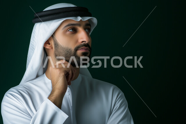 إيماءات الحيرة والقلق, النظر بشرود إلى مكان ما, التمعن والتركيز والتخطيط للمستقبل، بورتريه مقرب لرجل عربي خليجي سعودي يرتدي الزي السعودي يضع يده على ذقنه وينظر بعيداً بتفكير وتأمل، محاولة إيجاد حل لشيء ما، خلفية زيتي
