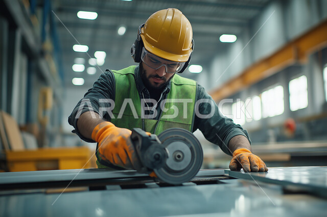 الايدي السعوديه العامله المنتجه، مهن ووظائف هندسية سعودية، صورة مقربة لمهندس فني عربي خليجي سعودي يرتدي قبعة ونظارات الحماية والسترة الواقية يقوم بقص الألواح في المصانع الحديثه، جودة الصناعه والانتاج في المعامل، الاداره والاشراف على آلية التصنيع