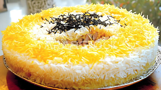 ارز المندي الأصفر المزين بالتوابل السوداء، وجبة من المجبوس المتميزة، مأكولات وأطباق عربية تقليدية, وصفات الطعام الصحية الشهية، فنون تقديم الأطعمة الشرقية اللذيذة في مطاعم ومطابخ المملكة العربية السعودية