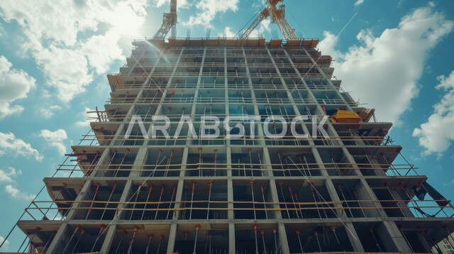 Construction works, concrete pouring and foundation laying, heavy machinery and equipment, cranes and high scaffolding, building under construction in Saudi Arabia, concept of structural and architectural engineering, implementation of construction plan and formation of metal structure