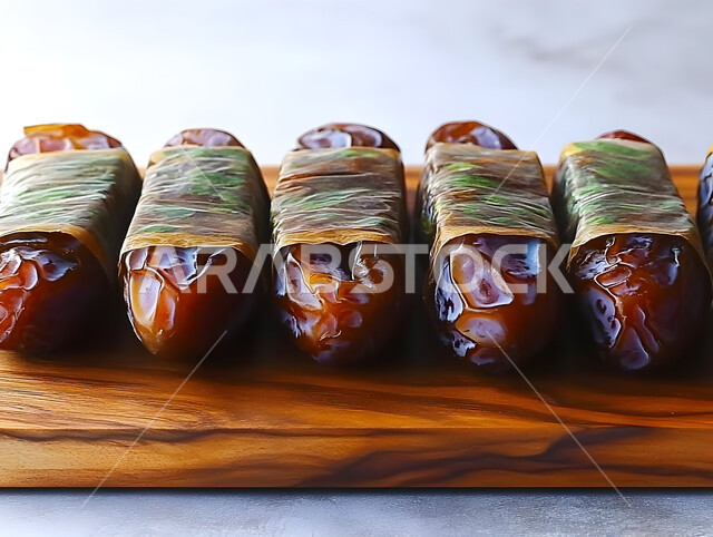 الأنواع المختلفة من التمور اللذيذة، وجبة غذائية صحية ذات قيمة عاليه، مجموعة من حبات التمر المجدول المتجعد على لوح خشبي، ضيافة رمضانية شهية، أطعمة غنية بالسكريات، منتجات وطنية محلية في المملكة العربية السعودية، خلفية بيضاء