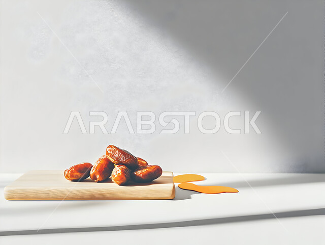 الأنواع المختلفة من التمور اللذيذة، وجبة غذائية صحية ذات قيمة عاليه، مجموعة من حبات التمر المجدول المتجعد على لوح خشبي، ضيافة رمضانية شهية، أطعمة غنية بالسكريات، منتجات وطنية محلية في المملكة العربية السعودية، خلفية بيضاء