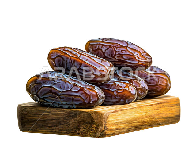 الأنواع المختلفة من التمور اللذيذة، وجبة غذائية صحية ذات قيمة عاليه، مجموعة من حبات التمر المجدول المتجعد على لوح خشبي، ضيافة رمضانية شهية، أطعمة غنية بالسكريات، منتجات وطنية محلية في المملكة العربية السعودية، خلفية بيضاء