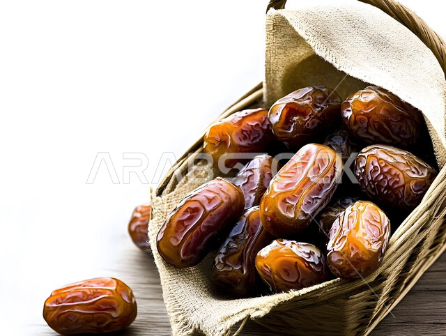 الأنواع المختلفة من التمور اللذيذة، وجبة غذائية صحية ذات قيمة عاليه، مجموعة من حبات التمر المجدول المتجعد على لوح خشبي، ضيافة رمضانية شهية، أطعمة غنية بالسكريات، منتجات وطنية محلية في المملكة العربية السعودية، خلفية بيضاء