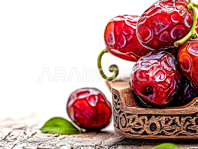 الأنواع المختلفة من التمور اللذيذة، وجبة غذائية صحية ذات قيمة عاليه، مجموعة من حبات التمر المجدول المتجعد على لوح خشبي، ضيافة رمضانية شهية، أطعمة غنية بالسكريات، منتجات وطنية محلية في المملكة العربية السعودية، خلفية بيضاء