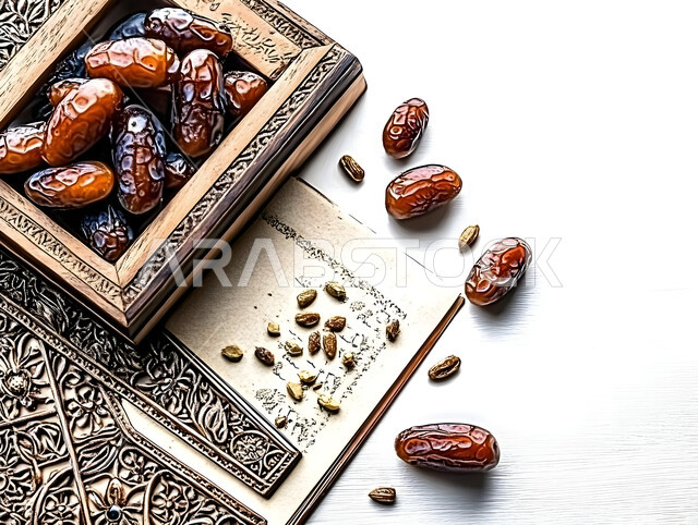 الأنواع المختلفة من التمور اللذيذة، وجبة غذائية صحية ذات قيمة عاليه، مجموعة من حبات التمر المجدول المتجعد على لوح خشبي، ضيافة رمضانية شهية، أطعمة غنية بالسكريات، منتجات وطنية محلية في المملكة العربية السعودية، خلفية بيضاء