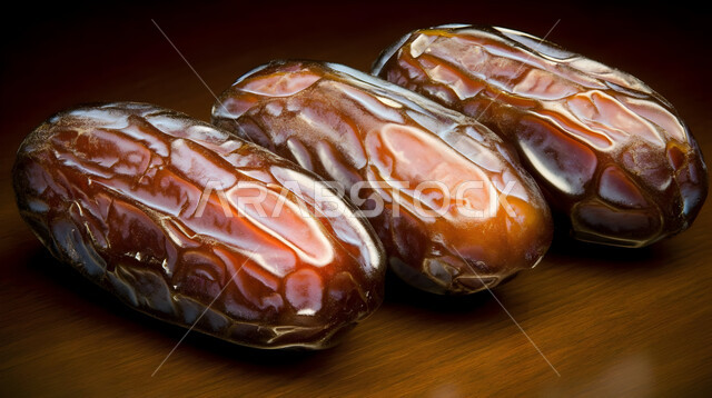 Different types of delicious dates, healthy and high-value meal, a group of braided dates on a wooden board, delicious Ramadan hospitality, local national products in Saudi Arabia, black background