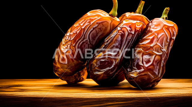 الأنواع المختلفة من التمور اللذيذة، وجبة غذائية صحية ذات قيمة عاليه، مجموعة من حبات التمر المجدول المتجعد على لوح خشبي، ضيافة رمضانية شهية، منتجات وطنية محلية في المملكة العربية السعودية، خلفية سوداء