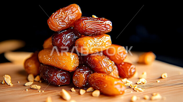 الأنواع المختلفة من التمور اللذيذة، وجبة غذائية صحية ذات قيمة عاليه، مجموعة من حبات التمر المجدول المتجعد على لوح خشبي، ضيافة رمضانية شهية، منتجات وطنية محلية في المملكة العربية السعودية، خلفية سوداء