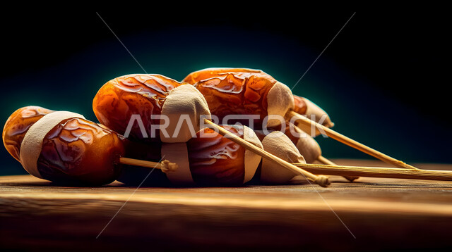 الأنواع المختلفة من التمور اللذيذة، وجبة غذائية صحية ذات قيمة عاليه، مجموعة من حبات التمر المجدول المتجعد على لوح خشبي، ضيافة رمضانية شهية، منتجات وطنية محلية في المملكة العربية السعودية، خلفية سوداء